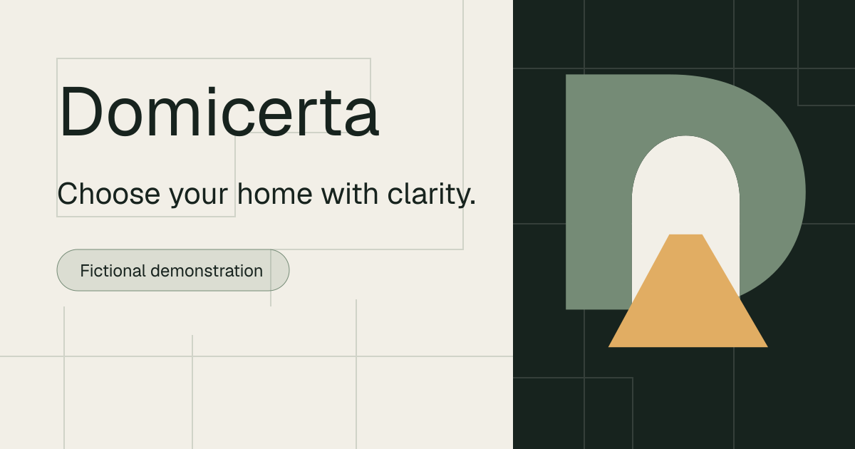 Domicerta artwork with its doorway and illuminated-path mark and the words Choose your home with clarity.