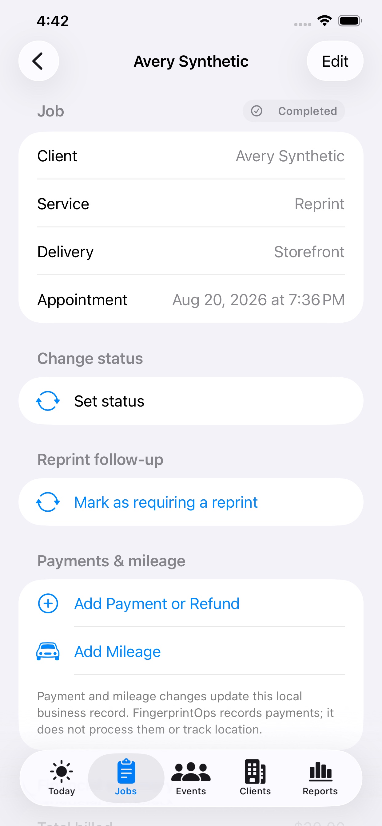 FingerprintOps job detail for a synthetic client showing completed status, reprint follow-up, payment, and mileage actions.