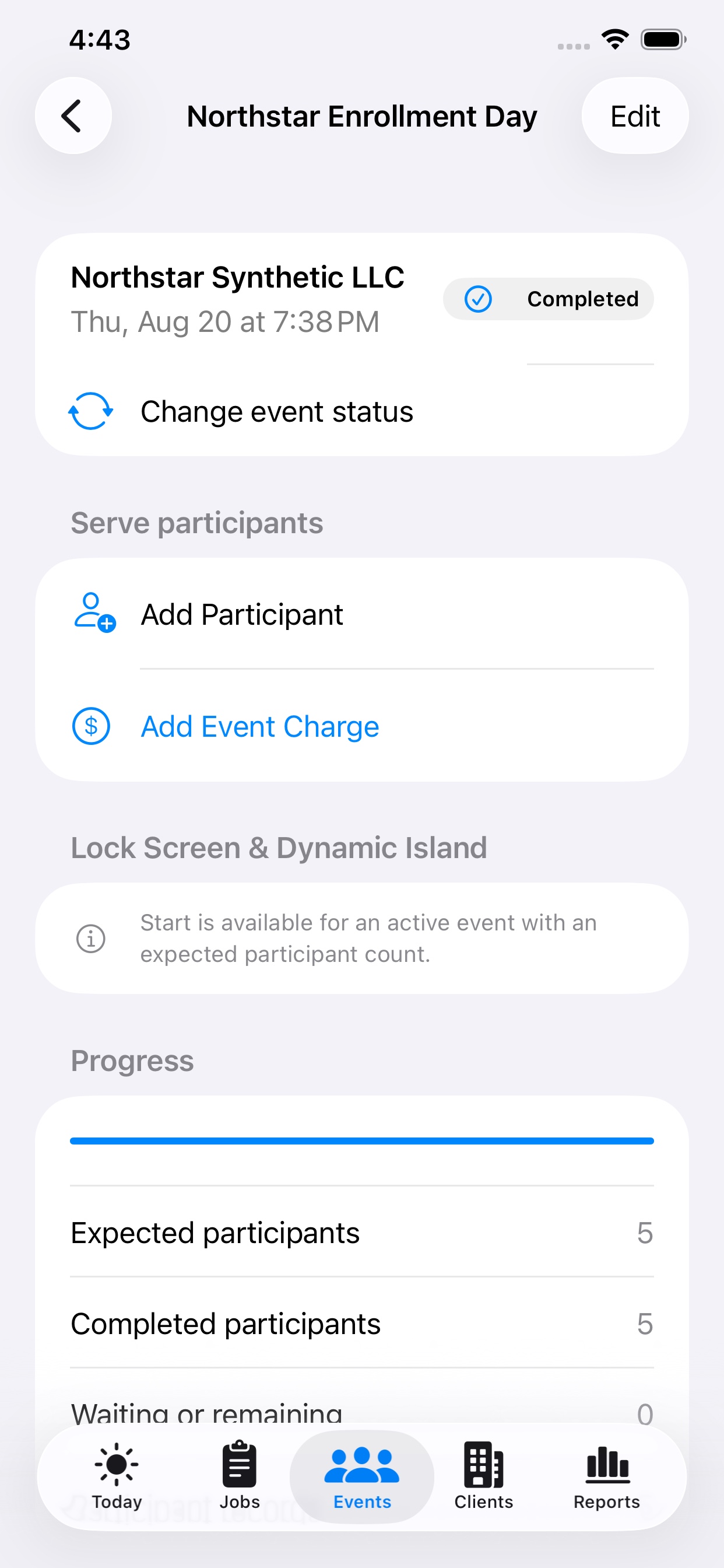 FingerprintOps group event detail with add-participant, event-charge, status, and progress controls.