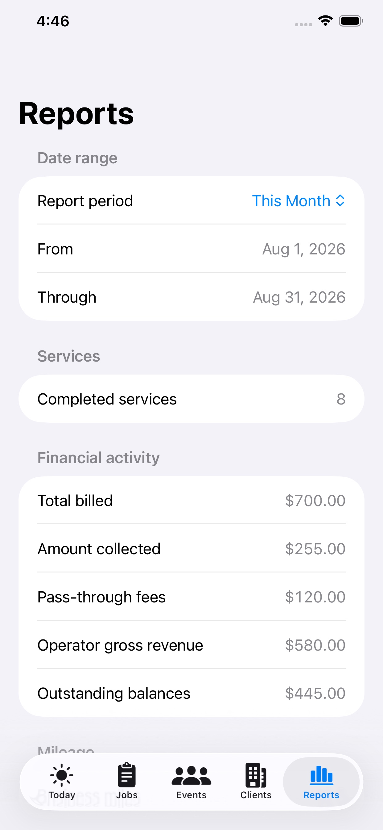 FingerprintOps Reports screen showing completed services, billed, collected, pass-through, gross revenue, and outstanding totals.