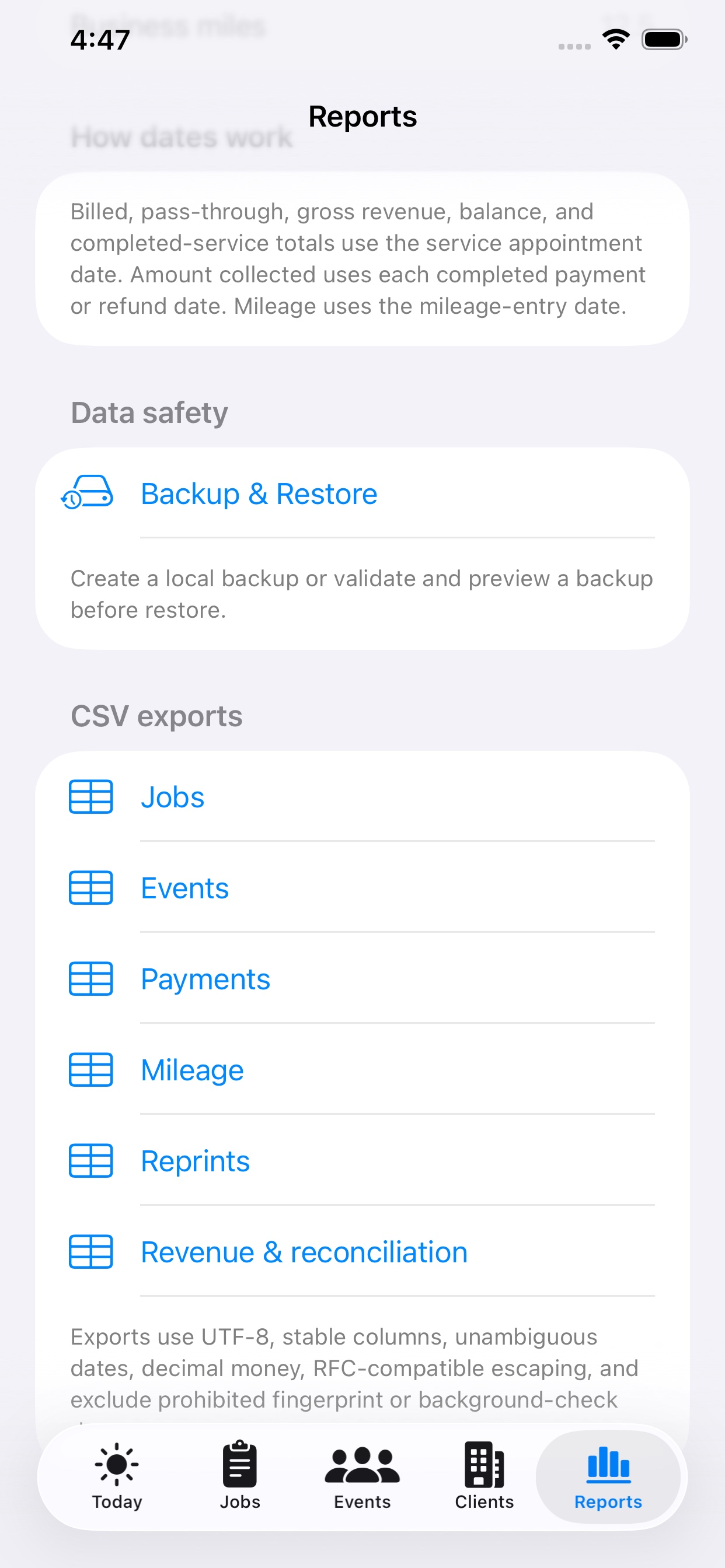 FingerprintOps Reports tools showing local backup and CSV exports for jobs, events, payments, mileage, reprints, and reconciliation.