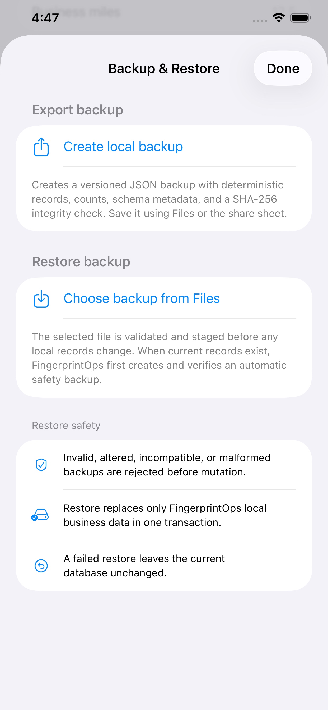 FingerprintOps Backup and Restore screen describing local backup creation, validation, preview, and restore safeguards.