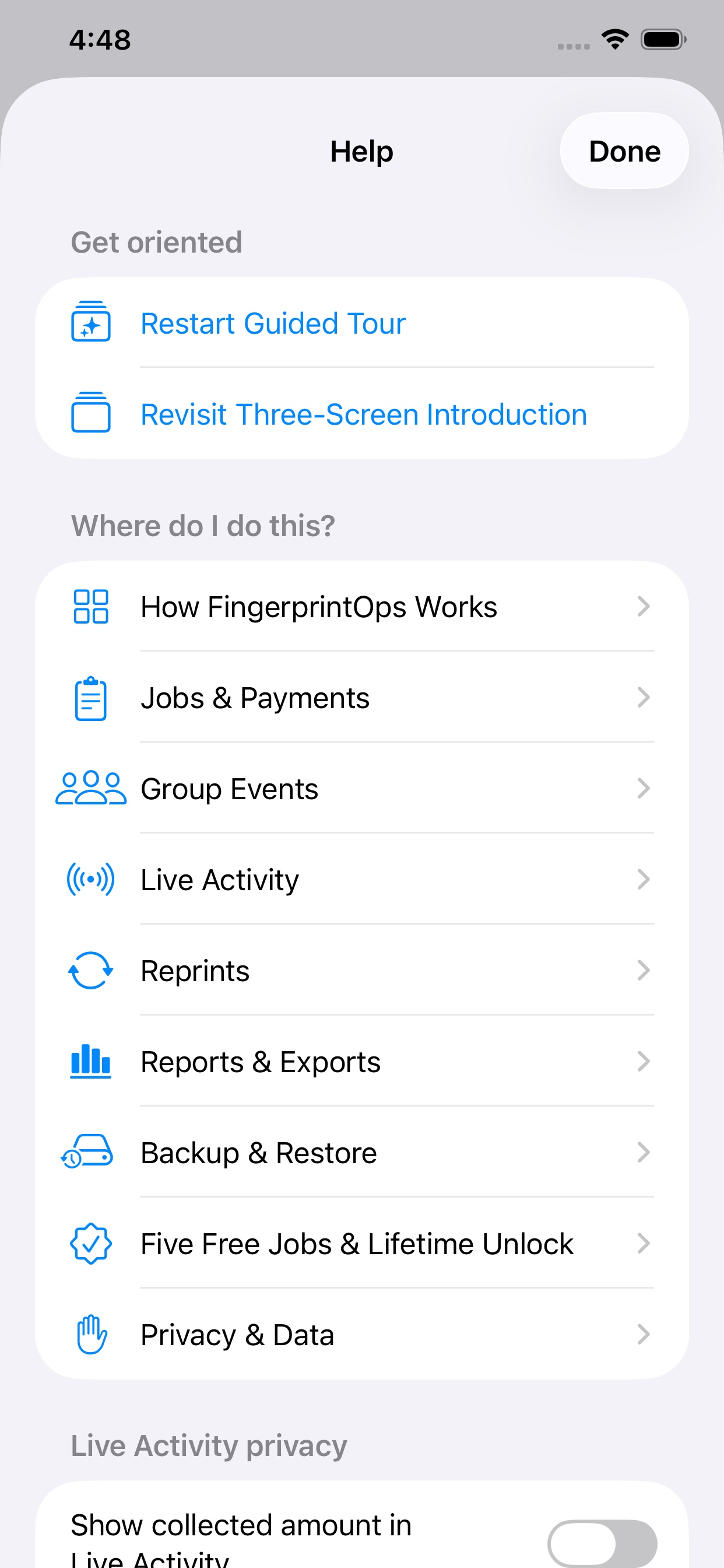 FingerprintOps Help screen with guided tour, job, event, report, backup, free-job, and Privacy and Data topics.