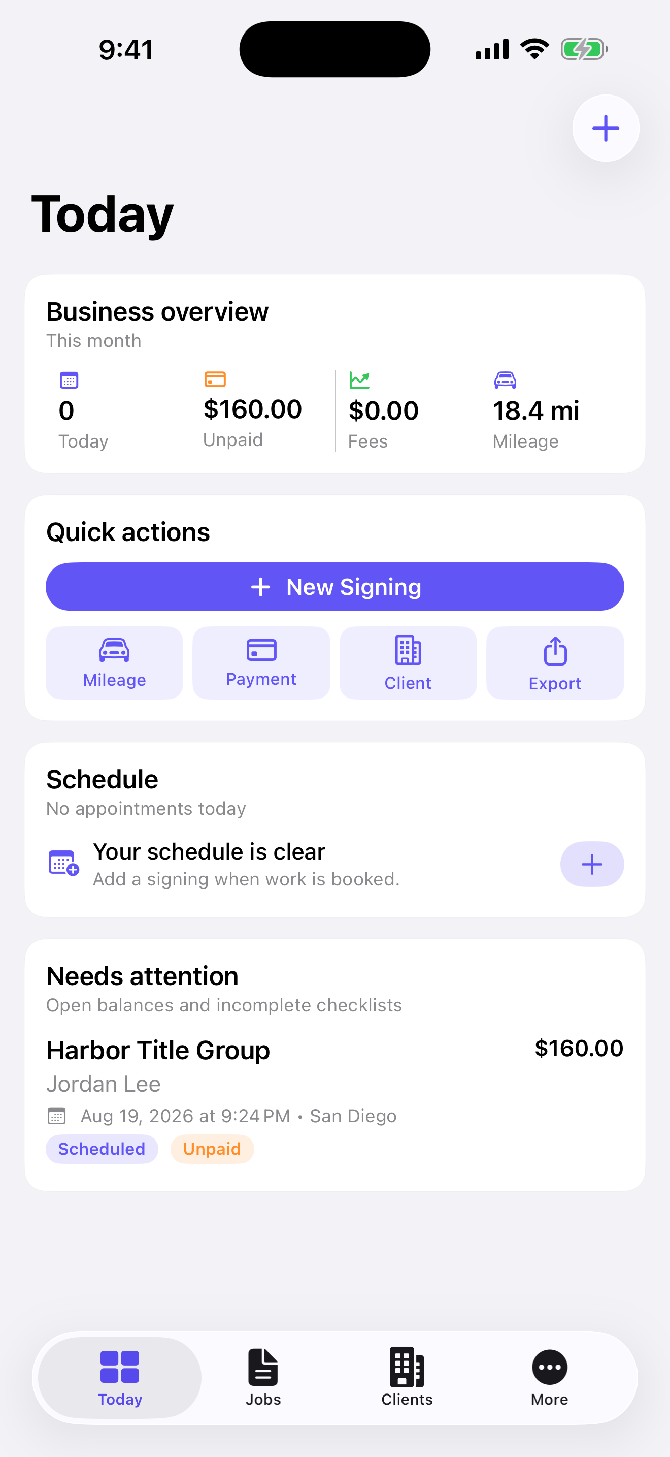NotaryOps Dashboard showing synthetic jobs, payments, and business totals.
