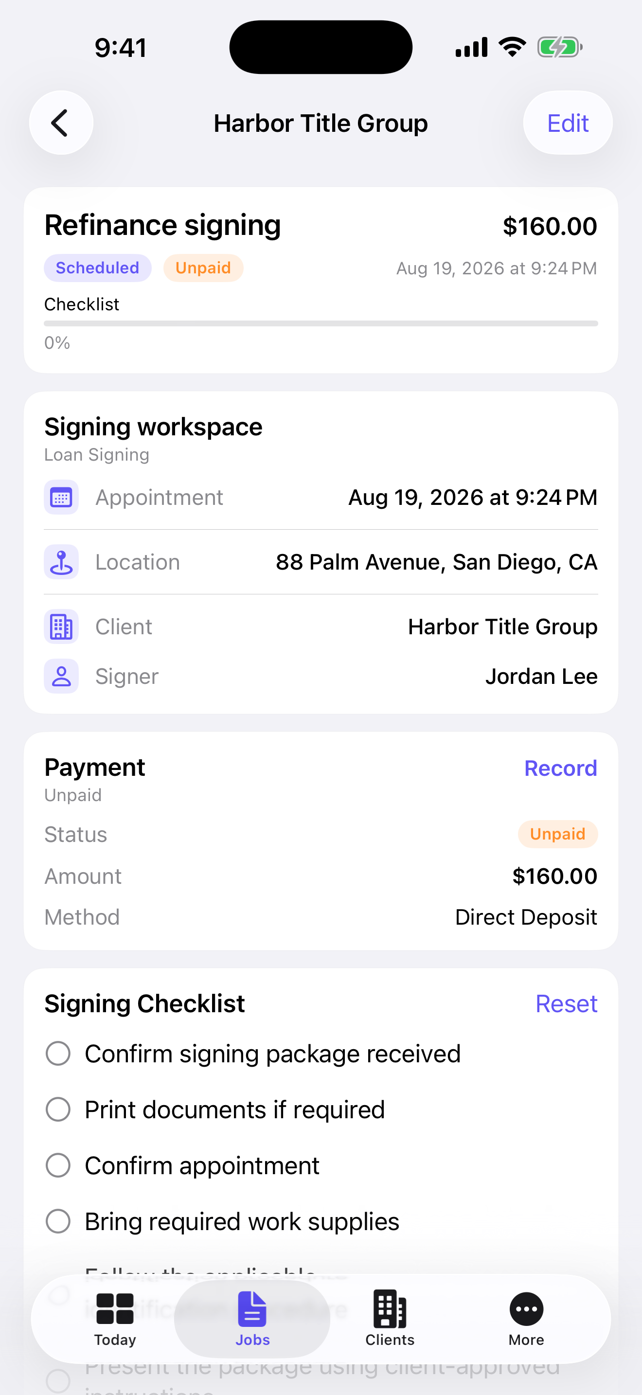 NotaryOps job detail showing signing context, payment state, and checklist.
