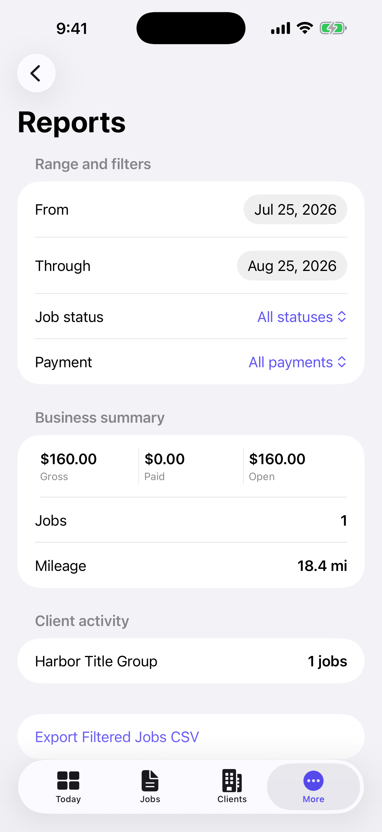 NotaryOps Reports screen showing filtered business totals, mileage, and client activity.