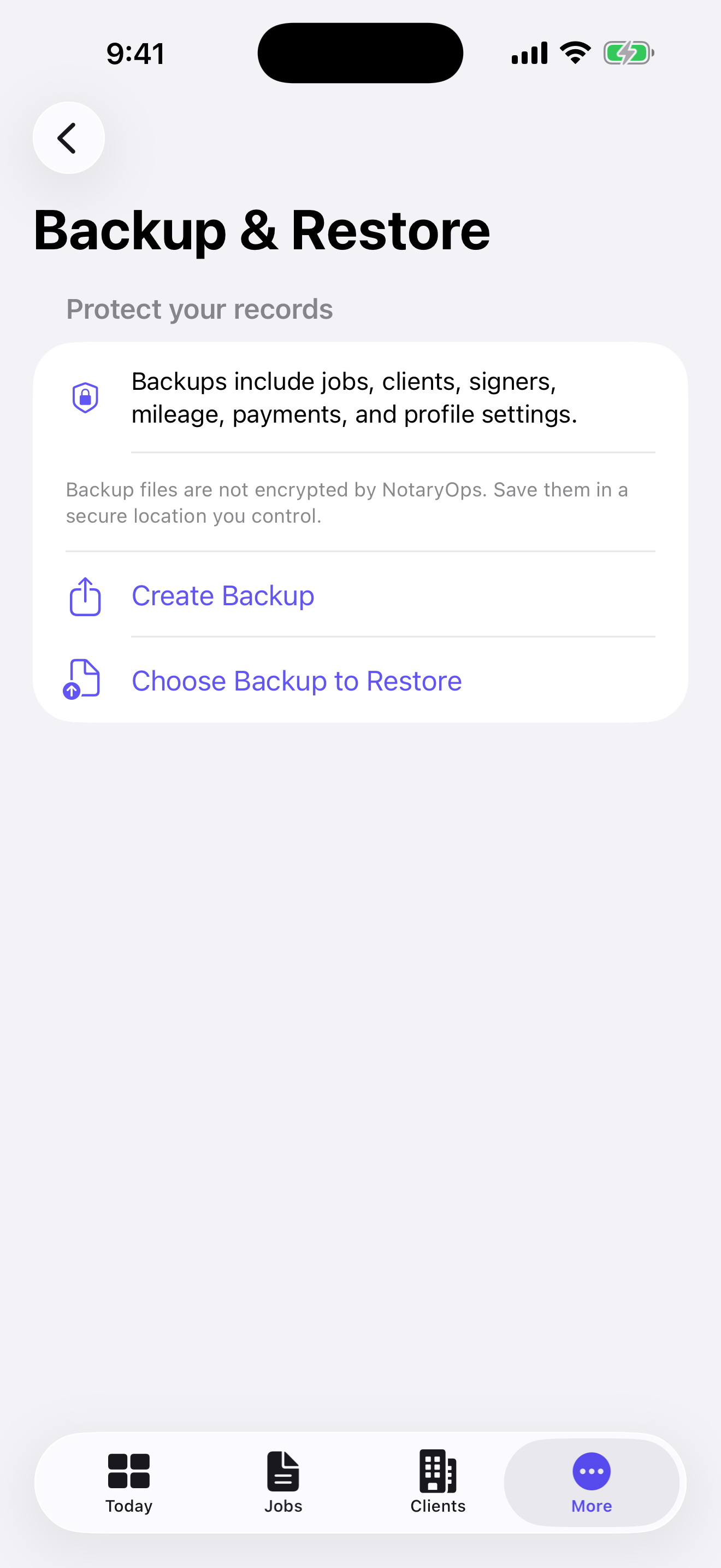 NotaryOps Backup and Restore screen with create-backup and choose-backup-to-restore actions.