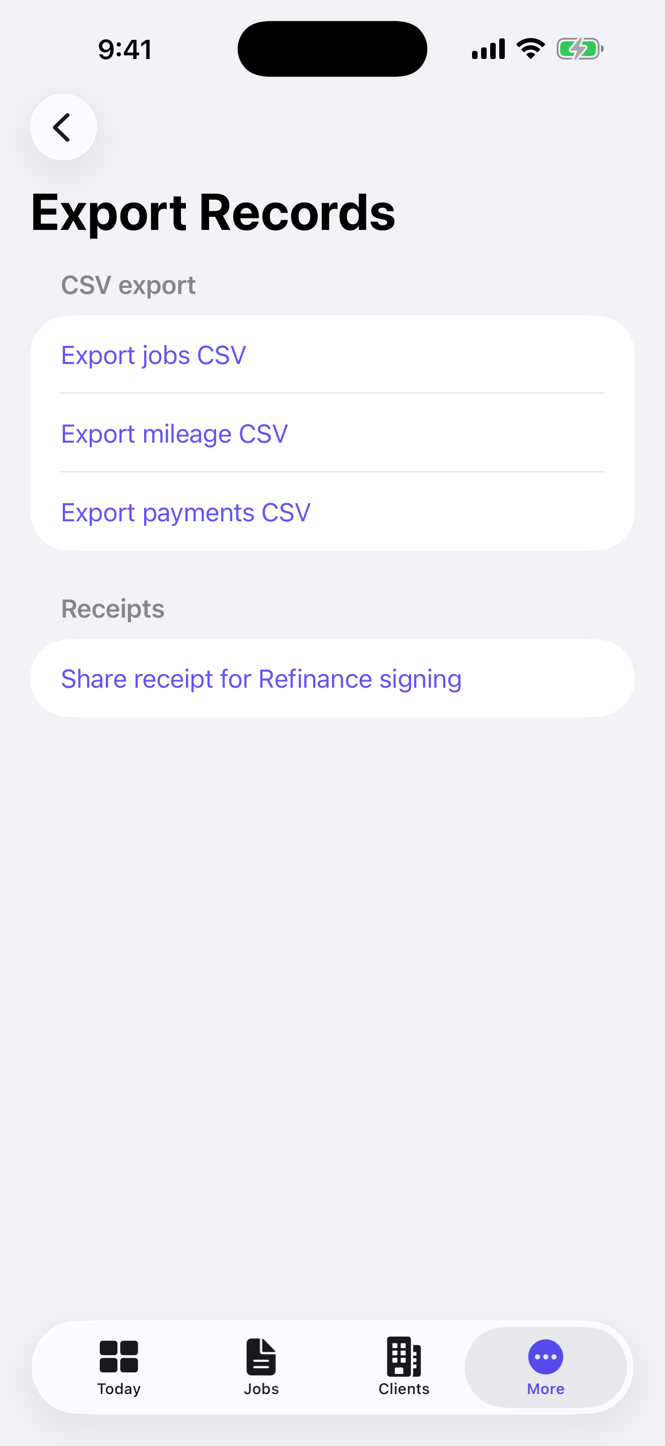 NotaryOps Export Records screen with jobs, mileage, payments, and receipt export actions.