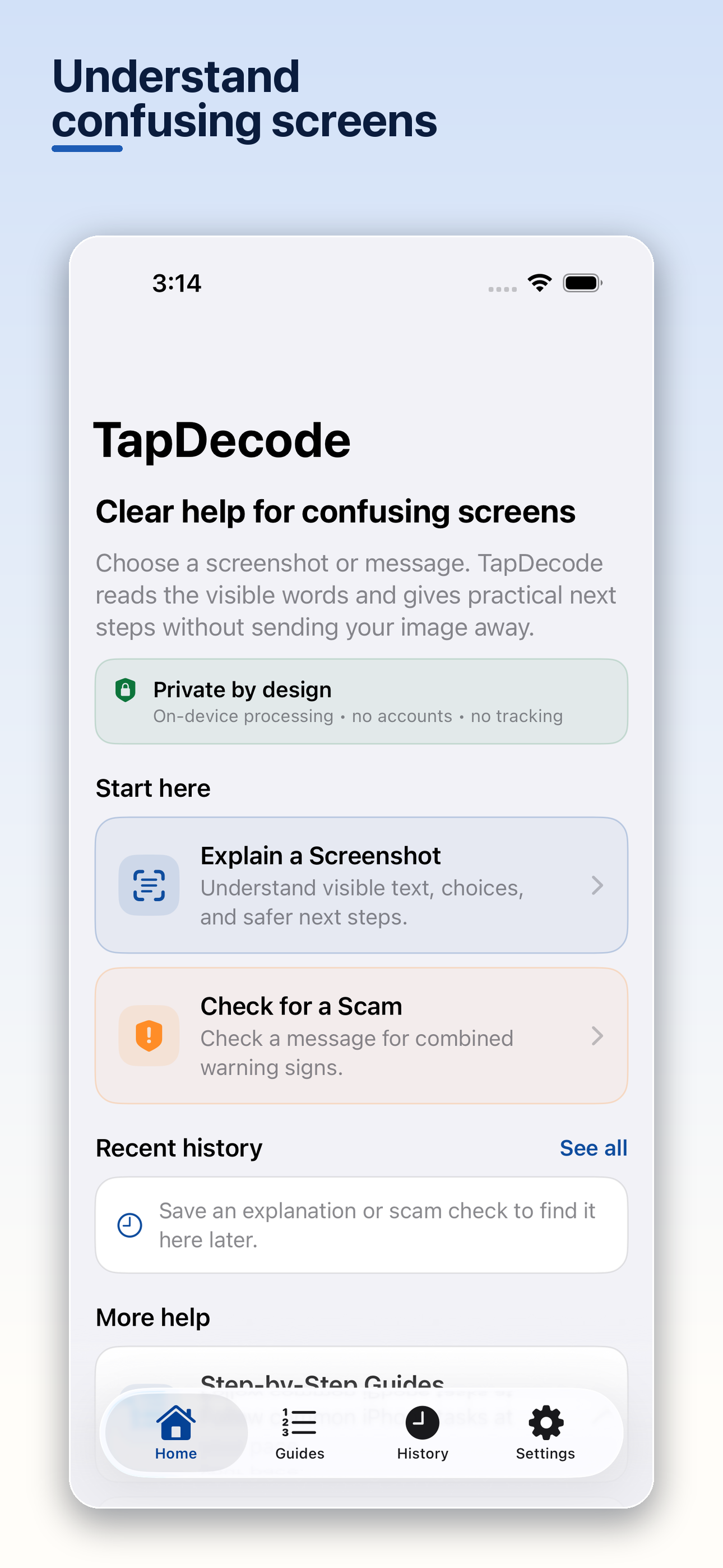 TapDecode home screen with Explain Screenshot and Check for Scam actions.