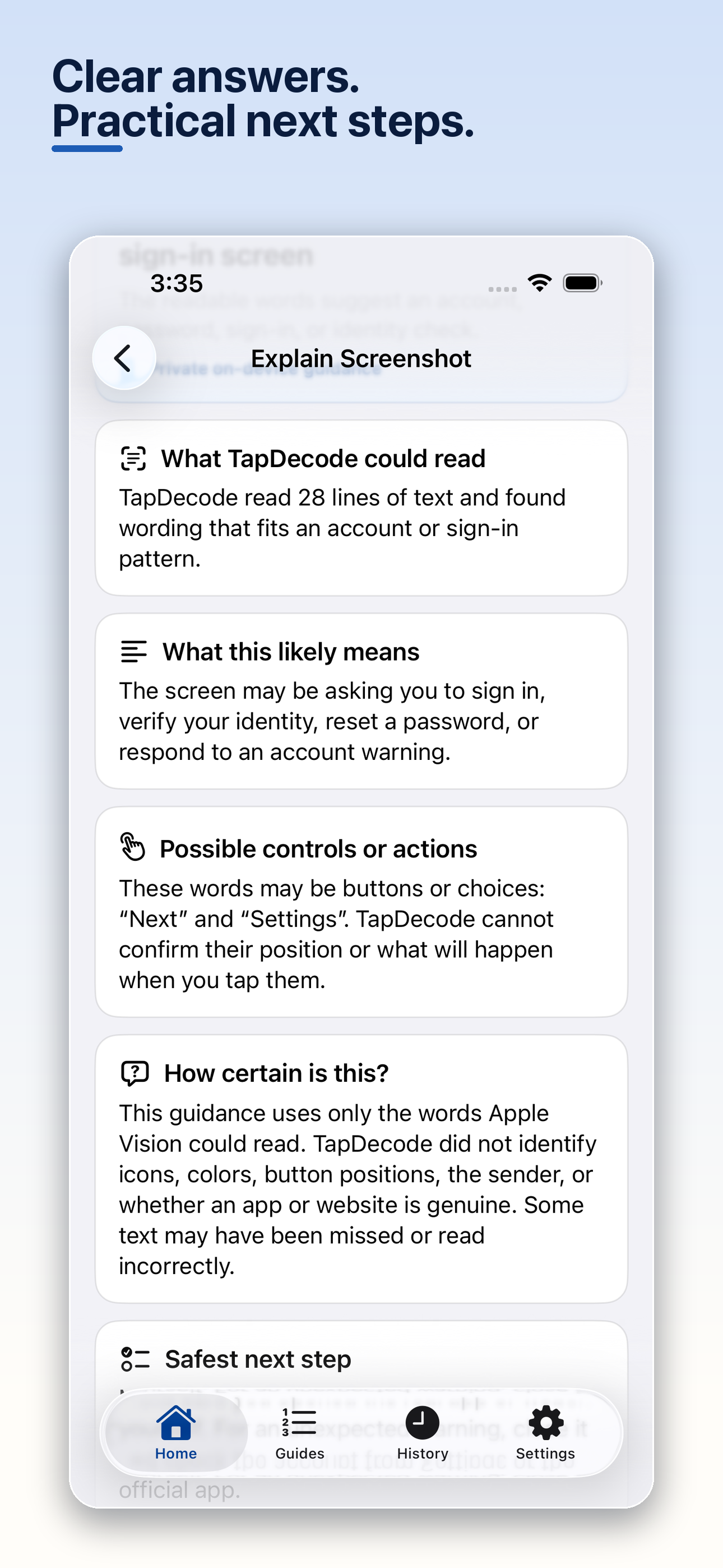 TapDecode explanation screen showing readable text, likely meaning, possible controls, and a safest next step.
