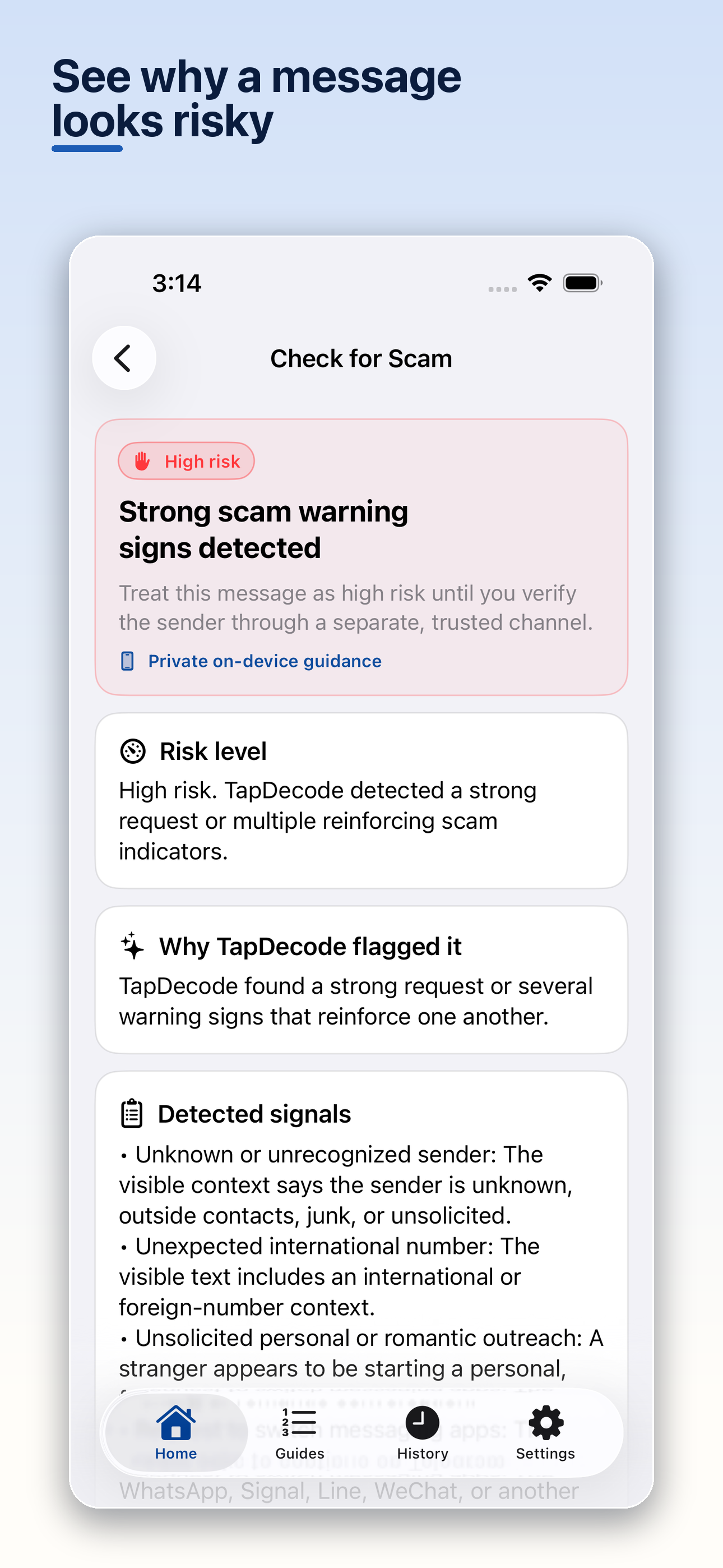 TapDecode scam check showing risk level, why the message was flagged, and detected signals.