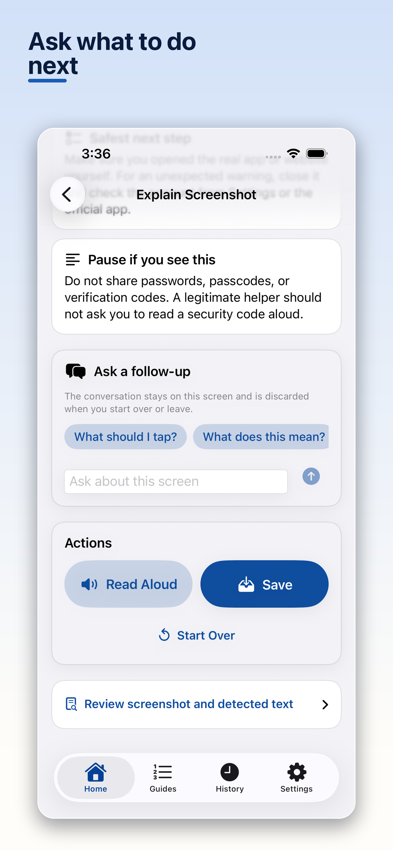 TapDecode follow-up screen with suggested questions, Read Aloud, Save, and Start Over controls.