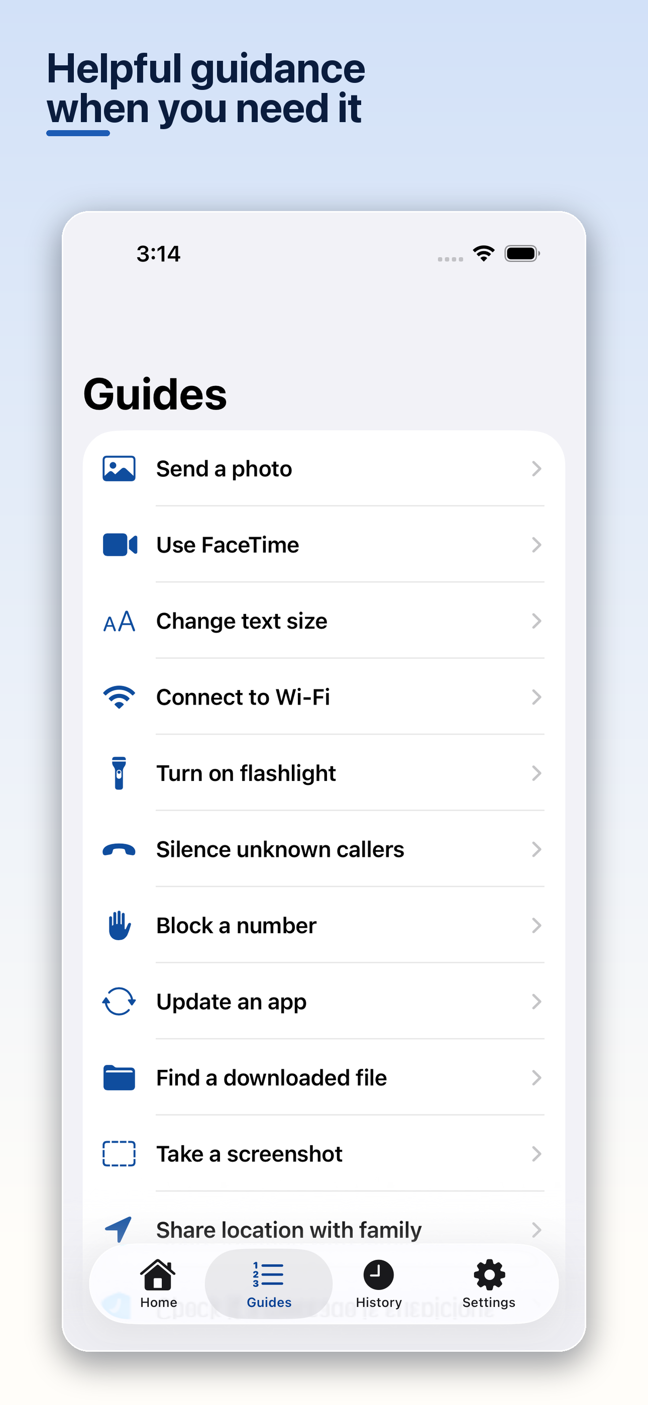 TapDecode Guides screen listing step-by-step iPhone help topics.